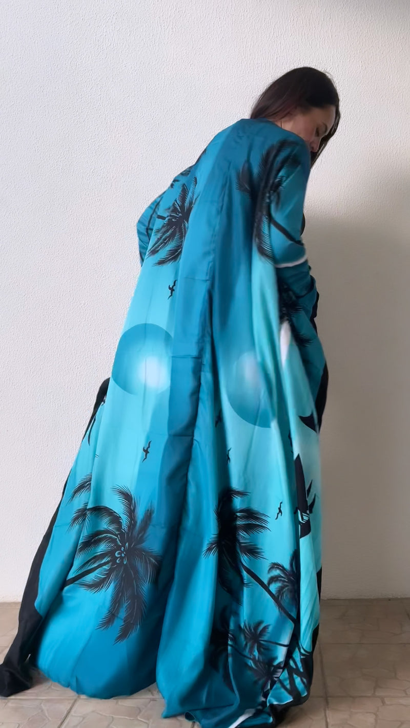Laau Pama Print Turquoise Luxury Resort Beach Kaftan Cover Up